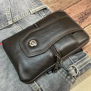  new goods original leather waist bag belt pouch single fastener mobile telephone pocket smartphone iPhonekalabina dark brown free shipping 