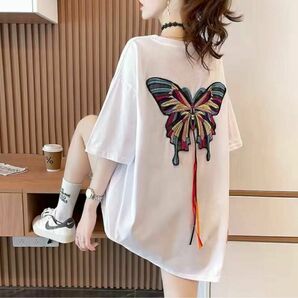 レディース、韓国風、ゆったり半袖、可愛い刺繍蝶々柄半袖Tシャツ、おしゃれタイプ