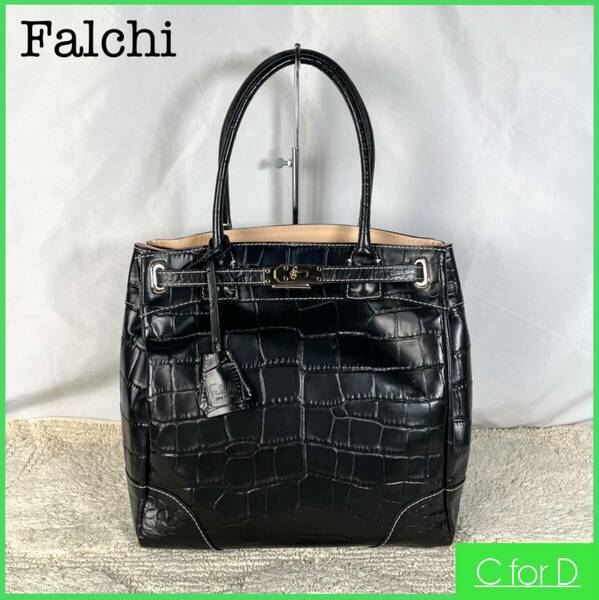 ★Falchi New York★ハンドバッグ ファルチ レディース 黒色 ブラック レザー チャーム クロコ 型押し クロコダイル バック かばん B077