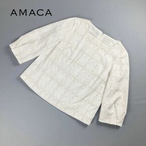 美品 AMACA アマカ 総柄ブラウス 七分袖 バックジップ トップス レディース 白 ホワイト サイズ38*NC1246