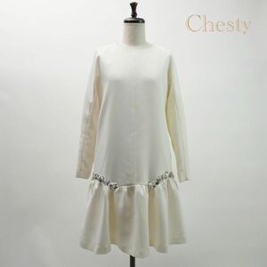 美品 Chesty チェスティ 花柄ビージュ刺繍 長袖フリルフレアワンピース 膝丈 裏地あり レディース 白 ホワイト サイズ1*NC481