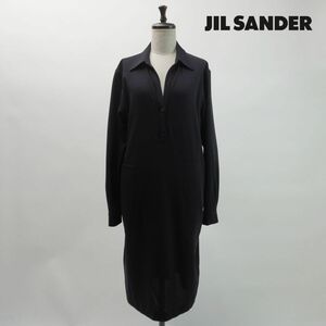 美品 JIL SANDER ジル サンダー 襟付き 長袖シャツワンピース ハーフボタン 膝丈 レディース 黒 ブラック サイズ40*NC477