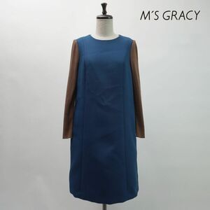 美品 M'S GRACY エムズグレイシー 袖リブ 切替膝丈ワンピース 裏地あり レディース ブルー系 サイズ38*NC476