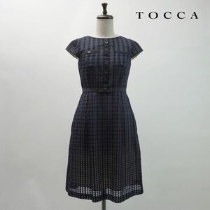 美品 TOCCA トッカ チェック フレンチスリーブ デザインボタン シアーフレアワンピース 裏地あり レディース 紺 ネイビー サイズ00*NC474