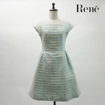 美品 Rene ルネ TUSSUE イタリア製 ライン刺繍 セミスリーブ フレアワンピース 裏地あり レディース 水色 ライトブルー サイズ34*NC422_画像1