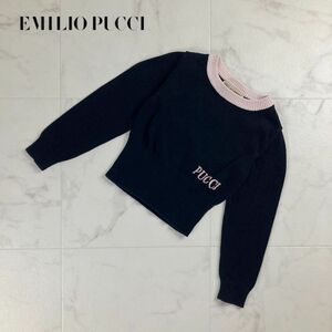 美品 EMILIO PUCCI エミリオプッチ ロゴ刺繍 ツートンコットンニットトップス キッズ 子供服 黒 ピンク サイズ4*NC922