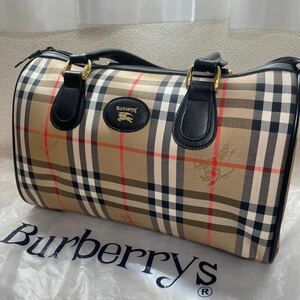 hz61 Burberrys バーバリー ヘイマーケットチェック ミニボストンバッグ 人気 キャンバス レザー ボストン バッグ 極美品 希少 ホースロゴ