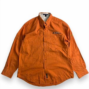 シャツ 長袖 オレンジ 古着 メンズ L 企業 刺繍プリント ワークシャツ クリーニング済み