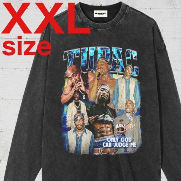 TUPAC　2PAC　ヴィンテージ加工　ラップ　長袖　Tシャツ　ブラック　XXL