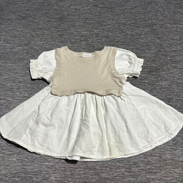 バースデイ しまむらTシャツ チュニック ブラウン ホワイト 80 プティマイン 女の子 トップス ベビー 半袖 ワンピース