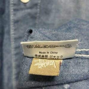 希少デザイン stussy SSリンク 刺繍ロゴ ペンキデザイン デニム シャツ シャンブレー 長袖 ステューシー Lサイズ vintage ダメージ加工の画像10