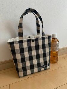 ２点　黒　チェック　コットンリネン　ミニ　トートバッグ　ハンドメイド　綿麻