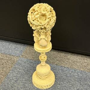 1スタ【中古品】象牙風 天球 521.5g 象 龍 中国美術 象牙調 多層球 龍紋天球 アンティーク 天球部約 7.5cm