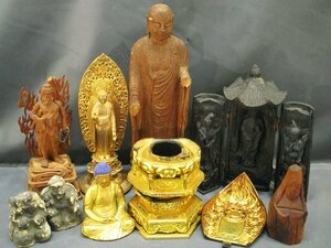 4627 Buddhist image together /... sound immovable Akira .. ratio . large black heaven . image seat image boat shape light . hexagon pedestal .. tree carving small . gold paint color etc. oriental sculpture Buddhism fine art old .