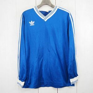 80s-90s*アディダス adidas トレフォイル 3Stripes Vネック長袖プルオーバープラクティスシャツ*デサント(JASPO O)ブルー/TAD-1614