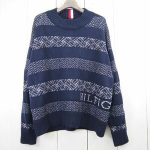 トミーヒルフィガー TOMMY HILFIGER 総柄ボーダー編みモックネックセーター(L)ネイビー