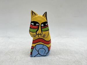 【1円スタート】バリネコ カラフル 置き物 高さ約10.5cm 猫 ねこ バリ島 エスニック インテリア お土産 民芸品 雑貨 木彫り DM0404N