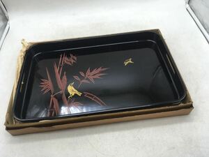 【1円スタート】角長盆 おぼん 未使用 昭和レトロ 和食器 漆器 コレクション インテリア 和柄 絵 箱付き 長期保管品 DM0401L