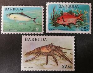 バーブーダ 魚、エビ(3種,抜粋品) MNH