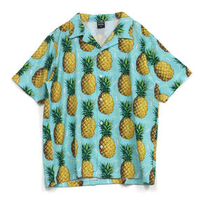 パイナップル オープンカラーシャツ アロハ カラフル 可愛い ストリート系 スケーター デザインシャツ メンズシャツ 半袖 ★sh0078-blu-l