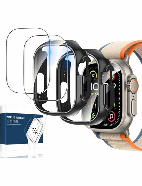 2個+2枚Apple Watch Ultra用保護ケース PC製中空式カバー*2 + 強化ガラスフィルム*2 傷防止 高透過率 気泡ゼロ ワイヤレス充電対応 49mm