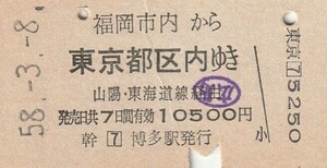 Q072.福岡市内から東京都区内ゆき　山陽、東海道本線経由　58.3.8　広島下車印　博多駅発行