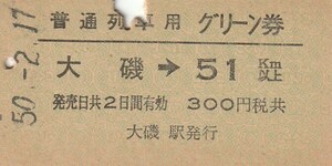 T093.普通列車用グリーン券　東海道本線　大磯⇒51キロ　50.2.17