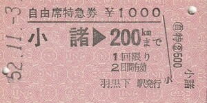 E058.【発券別駅】信越本線　小諸⇒200キロ　52.11.3　羽黒下駅発行