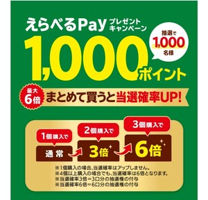 懸賞応募★当選確率６倍！えらべるPay1000ポイントが1000名様に当たる！カバヤ プレゼントキャンペーン！応募レシート