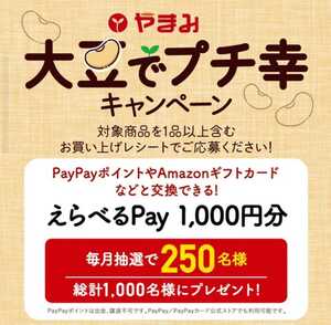 懸賞応募★えらべるPay1000円分が毎月250名様に当たる！やまみ大豆でプチ幸キャンペーン！応募レシート１口