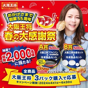 懸賞応募★フライパン・お皿＆冷凍食品セット！ＷチャンスＱＵＯカードが1000名様に当たる！大阪王将キャンペーン！応募レシート