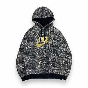 NIKE ナイキ ビッグロゴ プルオーバー パーカー スウェット ブラック×ゴールド 総柄 M