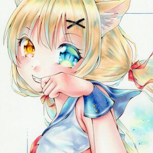 手描きイラスト　オリジナル　生意気にゃんこ　猫娘　セーラー服　A4特選上質紙