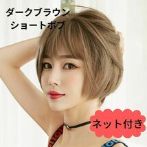 398　フルウィッグ ボブ ダークブラウン ネット付き　自然 ショートボブ　変装　女装　かつら　wig ショートカット　ナチュラル　医療用_画像1