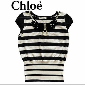 お値下げ！【クロエ】【chloe】ブランド古着　春夏　半袖ニット　ボーダーカットソー　ビジュー