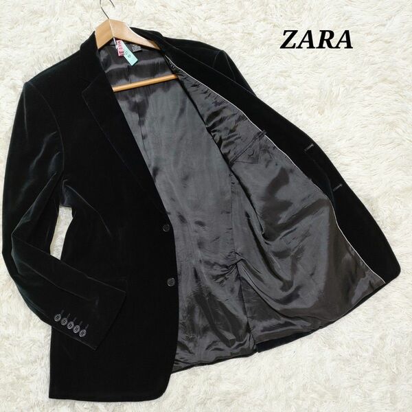 ZARA　ザラ　テーラードジャケット　ブレザー　ベルベット　ベロア　総裏地　2B　ビジネスカジュアル　黒ブラック　メンズ　L XL