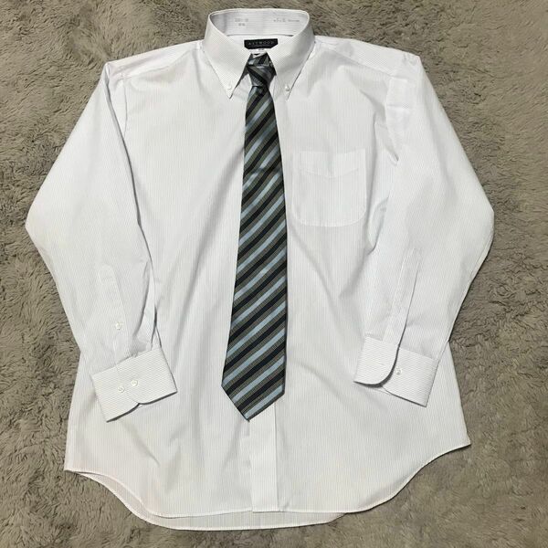 [6月値下げセール]Y-26 ASTWOOD メンズ 長袖ワイシャツ 43-86 ストライプ ネクタイ付き