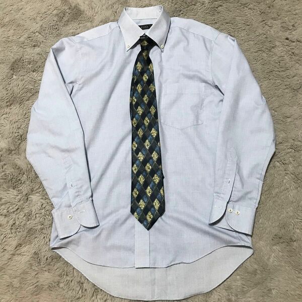 [6月値下げセール]Y-31 fyls メンズ 長袖ワイシャツ ブルー系 ボタンダウン ネクタイ付き　シルク