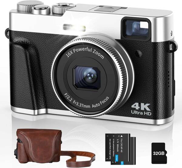 4K デジカメ デジタルカメラ 4800万画素 オートフォーカス 16倍ズーム 多機能 初心者向け 軽量 本革カメラバッグ付き 32Gカード付属