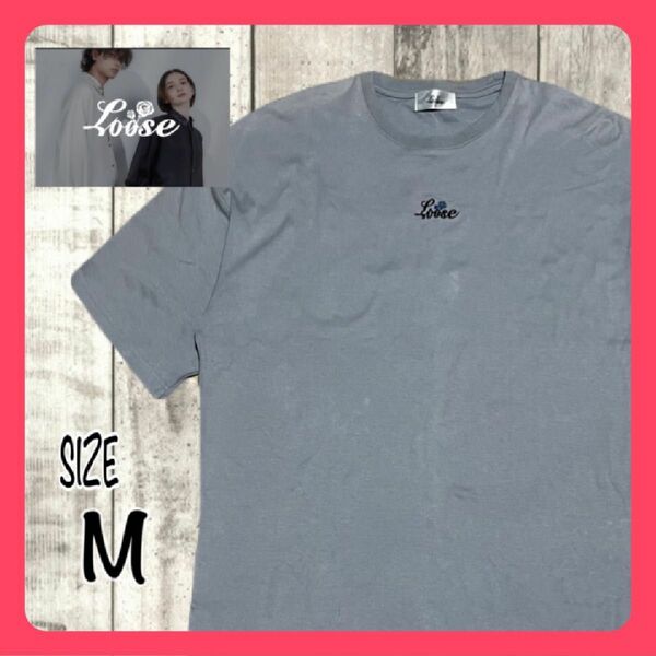 LOOSE ルース メンズ半袖Tシャツ グレー Mサイズ 刺繍 ロゴ 薔薇