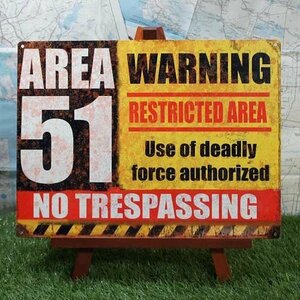 新品★インテリア雑貨★【ブリキ看板】AREA51／エリア51　Warning　-Nostalgic-