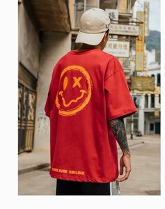 メンズファッション クルーネック 半袖Tシャツ カジュアル おしゃれ ゆったり 大きいサイズ レッド Lサイズ