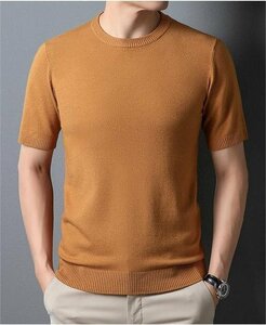 サマーセーター ニットTシャツ 半袖ニット メンズ サマーニット トップス カットソー カジュアル イエロー 2XL