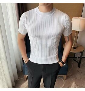 サマーニット トップス メンズカットソー カジュアル 半袖ニット メンズ ニットTシャツ ホワイト Lサイズ