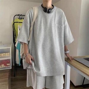 夏 ショートパンツ セットアップ メンズ 上下セット Tシャツ ハーフパンツ 半袖Tシャツ グレー M