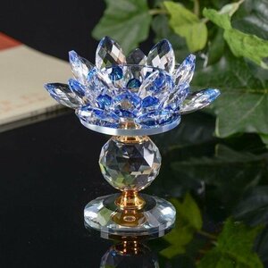 燭台 キャンドルホルダー クリスタルガラス 蓮の花 ロータス ローソク立て 置物 風水　2点セット　ブルー