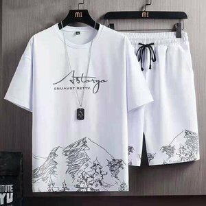 夏 メンズ 半袖Tシャツ ボトムス 大きいサイズ 春夏 セットアップ 部屋着 ルームウェア 上下セットホワイト M