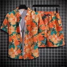 夏 薄 オシャレ ハーフパンツ セットアップ メンズ 上下2点セット ジャージ アロハシャツ 半袖シャツ C XL_画像1