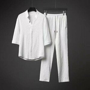 夏 Tシャツ ロングパンツ パンツ メンズ ルームウェア 部屋着 涼しいセットアップ 上下セット ホワイト M