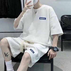 夏 カジュアル 半袖シャツ ショートパンツ 韓國ファッション セットアップ 上下セット メンズ ホワイト 3XL